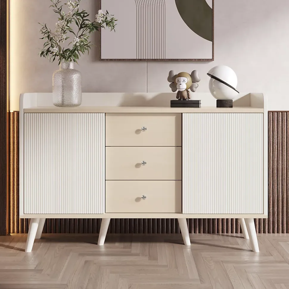 Buffet avec 3 tiroirs, Belle finition bois moderne avec étagères de rangement, Pour chambre et salon, L117,5 cm