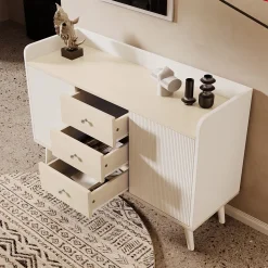 Buffet avec 3 tiroirs, Belle finition bois moderne avec étagères de rangement, Pour chambre et salon, L117,5 cm