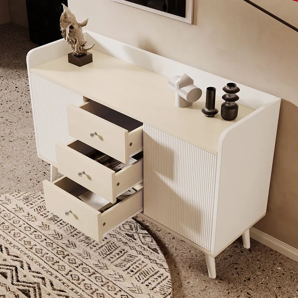 Buffet avec 3 tiroirs, Belle finition bois moderne avec étagères de rangement, Pour chambre et salon, L117,5 cm