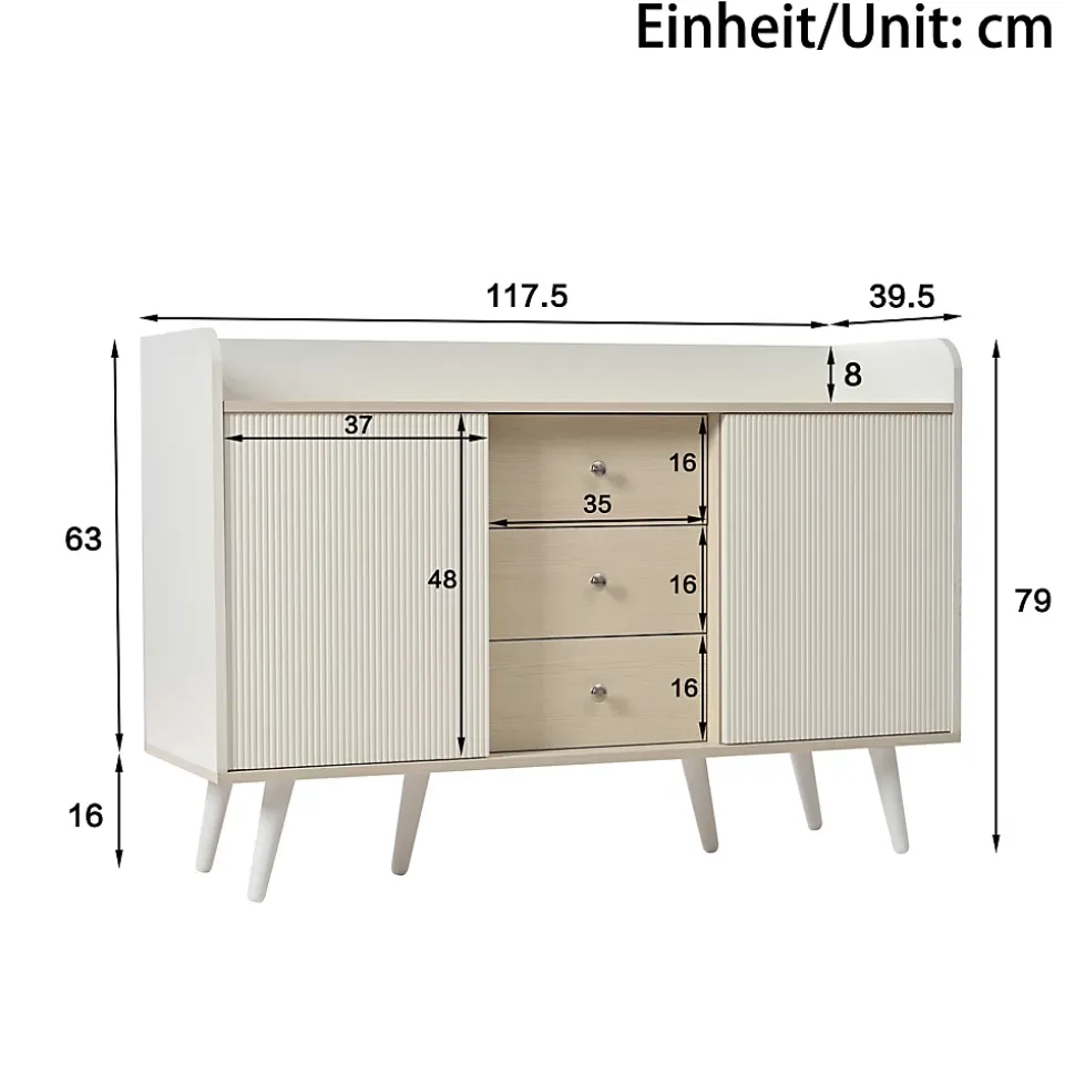 Buffet avec 3 tiroirs, Belle finition bois moderne avec étagères de rangement, Pour chambre et salon, L117,5 cm