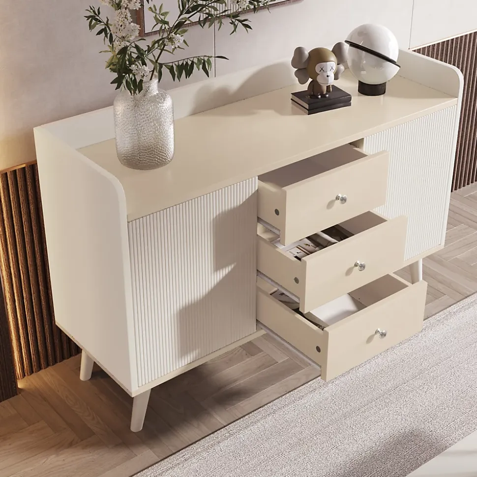 Buffet avec 3 tiroirs, Belle finition bois moderne avec étagères de rangement, Pour chambre et salon, L117,5 cm