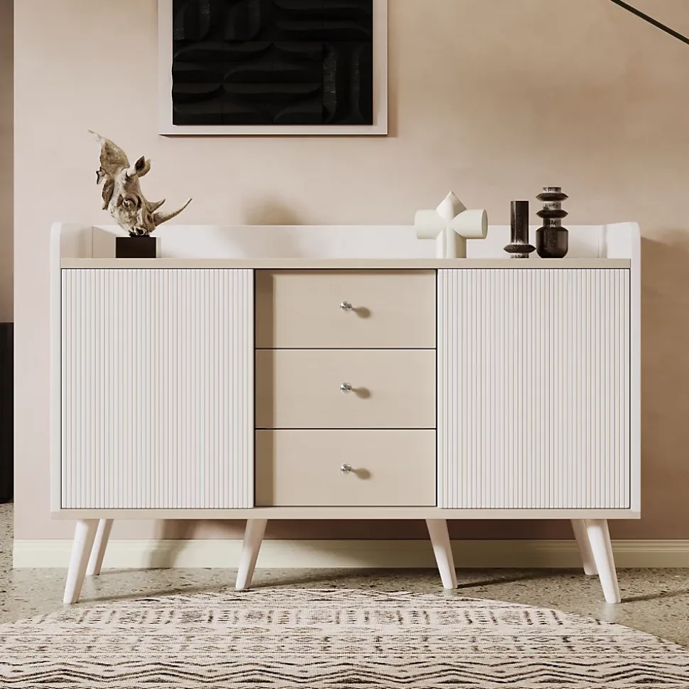 Buffet avec 3 tiroirs, Belle finition bois moderne avec étagères de rangement, Pour chambre et salon, L117,5 cm