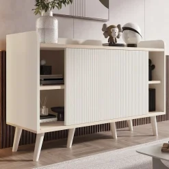 Buffet avec 3 tiroirs, Belle finition bois moderne avec étagères de rangement, Pour chambre et salon, L117,5 cm
