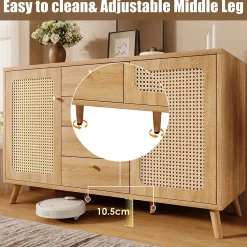 Buffet avec 4 Tiroirs et 2 Portes, Étagères Réglables, Meuble de Rangement Décor Cannage, Design Élégant - Chêne Clair