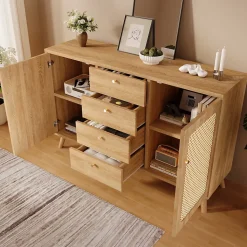 Buffet avec 4 Tiroirs et 2 Portes, Étagères Réglables, Meuble de Rangement Décor Cannage, Design Élégant - Chêne Clair