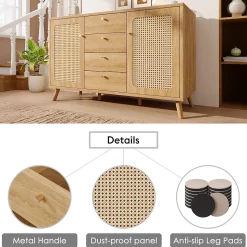 Buffet avec 4 Tiroirs et 2 Portes, Étagères Réglables, Meuble de Rangement Décor Cannage, Design Élégant - Chêne Clair