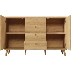 Buffet avec 4 Tiroirs et 2 Portes, Étagères Réglables, Meuble de Rangement Décor Cannage, Design Élégant - Chêne Clair