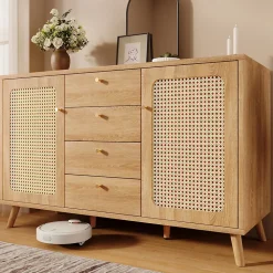 Buffet avec 4 Tiroirs et 2 Portes, Étagères Réglables, Meuble de Rangement Décor Cannage, Design Élégant - Chêne Clair