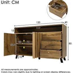 Buffet avec 3 tiroirs et 2 portes - style rétro - avec des étagères ouvertes - chêne foncé