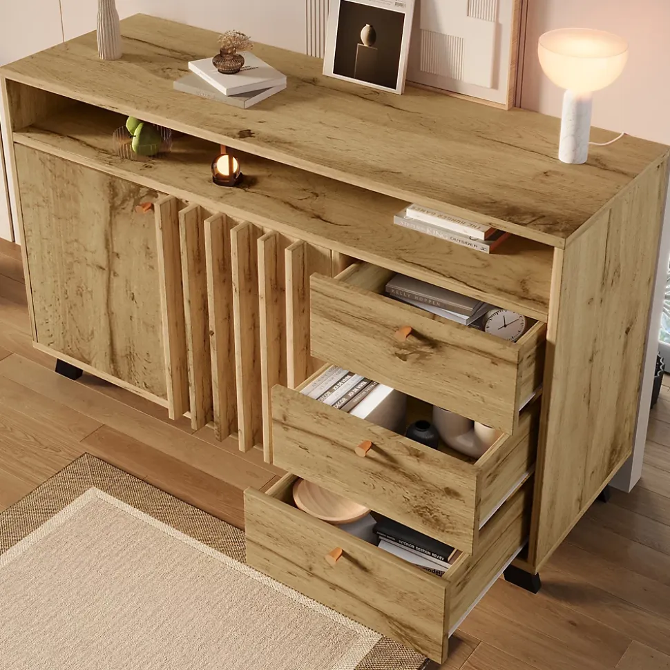 Buffet avec 3 tiroirs et 2 portes - style rétro - avec des étagères ouvertes - chêne foncé