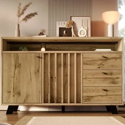 Buffet avec 3 tiroirs et 2 portes - style rétro - avec des étagères ouvertes - chêne foncé