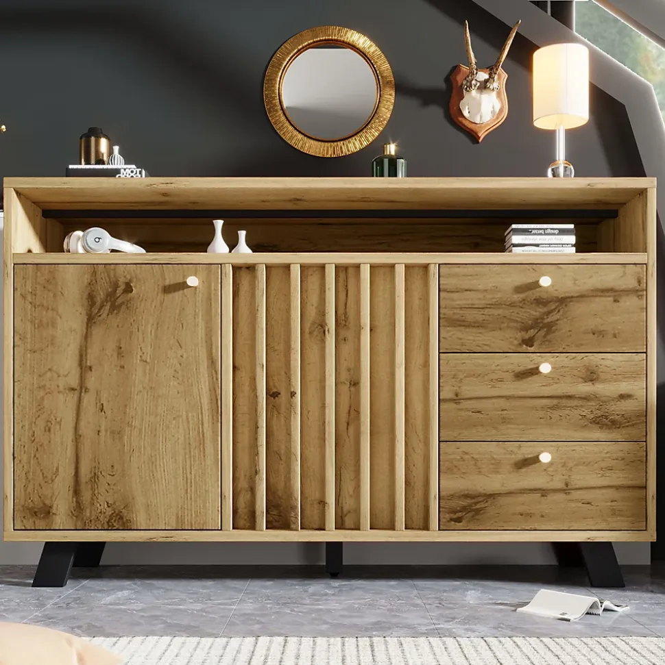 Buffet avec 3 tiroirs et 2 portes - style rétro - avec des étagères ouvertes - chêne foncé