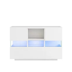 Buffet avec Compartiments Fermés et Espaces Ouverts - Meuble de Rangement Design avec Cloison en Verre - 140x35x75 cm, Blanc