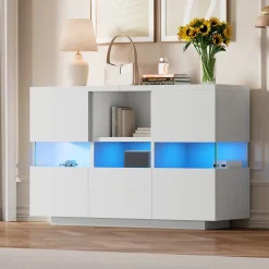 Buffet avec Compartiments Fermés et Espaces Ouverts - Meuble de Rangement Design avec Cloison en Verre - 140x35x75 cm, Blanc