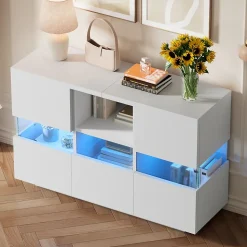 Buffet avec Compartiments Fermés et Espaces Ouverts - Meuble de Rangement Design avec Cloison en Verre - 140x35x75 cm, Blanc