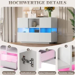 Buffet avec Compartiments Fermés et Espaces Ouverts - Meuble de Rangement Design avec Cloison en Verre - 140x35x75 cm, Blanc