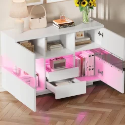 Buffet avec Compartiments Fermés et Espaces Ouverts - Meuble de Rangement Design avec Cloison en Verre - 140x35x75 cm, Blanc