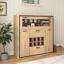 Buffet avec Étagère en Verre et 8 Porte-Bouteilles Pour Salon - Portes Doubles - 110x38x111 cm - Naturel et Noir