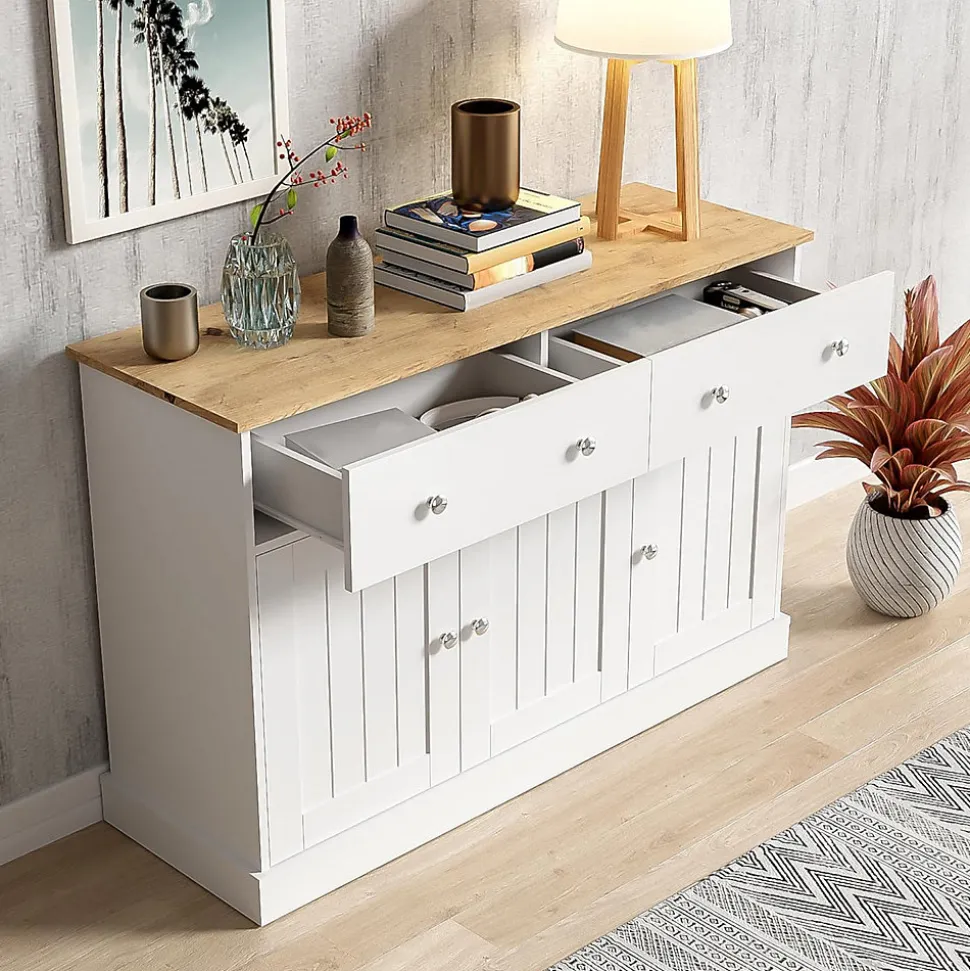 Buffet avec texture gravée, grand espace de rangement, idéal pour le salon.