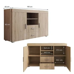 Buffet Bahut 2 portes 2 tiroirs - 140 x 80 x 40 cm - Couleur Sonoma Mate - Rangement - ROQUE
