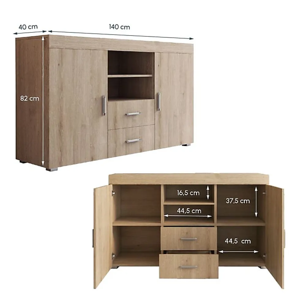 Buffet Bahut 2 portes 2 tiroirs - 140 x 80 x 40 cm - Couleur Sonoma Mate - Rangement - ROQUE