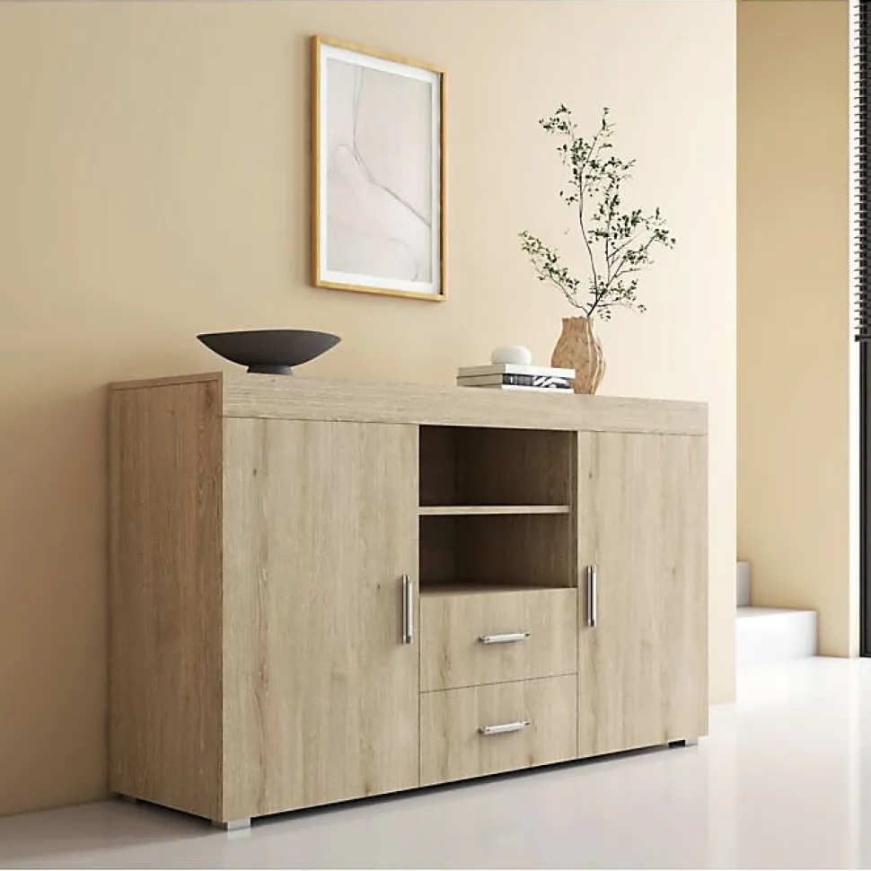 Buffet Bahut 2 portes 2 tiroirs - 140 x 80 x 40 cm - Couleur Sonoma Mate - Rangement - ROQUE