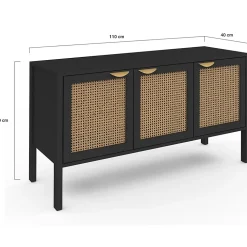 Buffet bas 110 cm EDHEN 3 portes bois noir et cannage