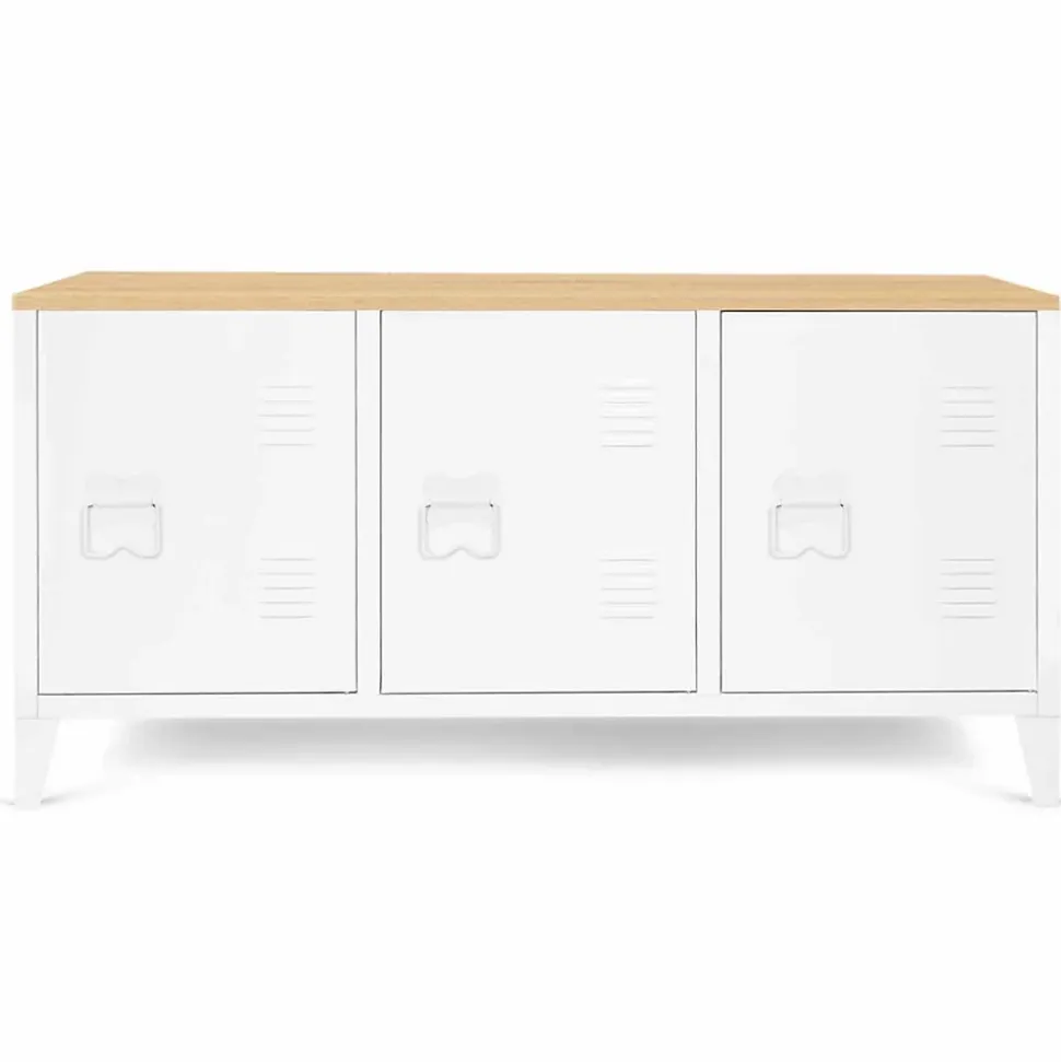 Buffet bas 113 cm ESTER 3 portes métal blanc plateau bois design industriel