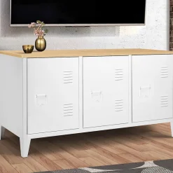 Buffet bas 113 cm ESTER 3 portes métal blanc plateau bois design industriel