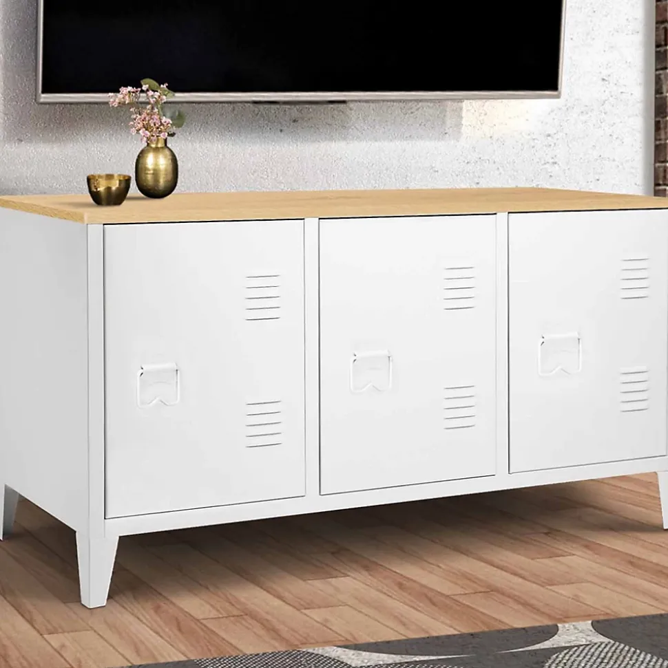 Buffet bas 113 cm ESTER 3 portes métal blanc plateau bois design industriel