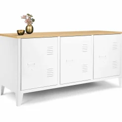 Buffet bas 113 cm ESTER 3 portes métal blanc plateau bois design industriel