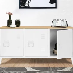 Buffet bas 113 cm ESTER 3 portes métal blanc plateau bois design industriel