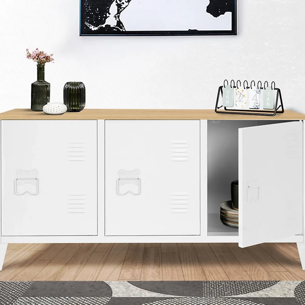 Buffet bas 113 cm ESTER 3 portes métal blanc plateau bois design industriel