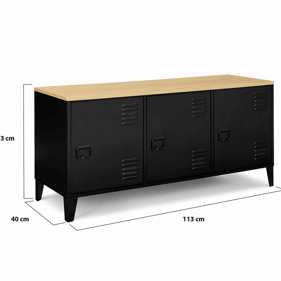 Buffet bas 113 cm ESTER 3 portes métal noir plateau bois design industriel