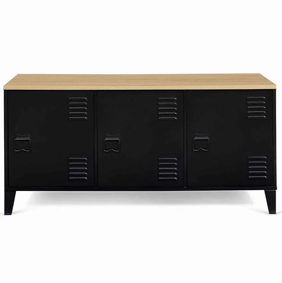 Buffet bas 113 cm ESTER 3 portes métal noir plateau bois design industriel