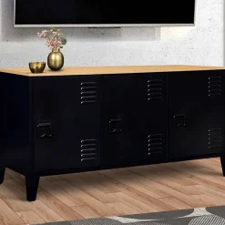 Buffet bas 113 cm ESTER 3 portes métal noir plateau bois design industriel