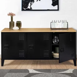 Buffet bas 113 cm ESTER 3 portes métal noir plateau bois design industriel