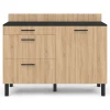 Buffet bas casserolier de cuisine 120 cm CINA plan de travail H.83 cm 1 porte + 3 tiroirs noir et façon hêtre