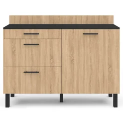 Buffet bas casserolier de cuisine 120 cm CINA plan de travail H.83 cm 1 porte + 3 tiroirs noir et façon hêtre