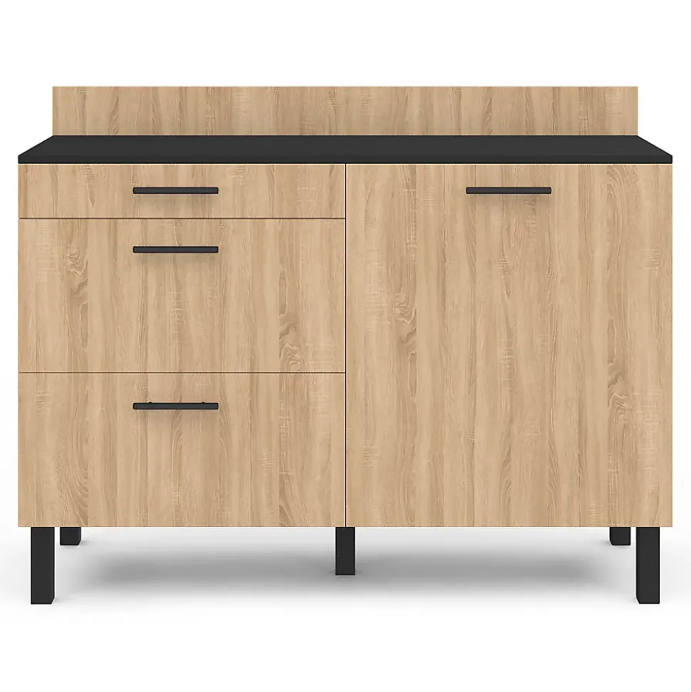 Buffet bas casserolier de cuisine 120 cm CINA plan de travail H.83 cm 1 porte + 3 tiroirs noir et façon hêtre