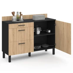 Buffet bas casserolier de cuisine 120 cm CINA plan de travail H.83 cm 1 porte + 3 tiroirs noir et façon hêtre