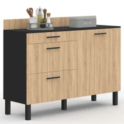 Buffet bas casserolier de cuisine 120 cm CINA plan de travail H.83 cm 1 porte + 3 tiroirs noir et façon hêtre