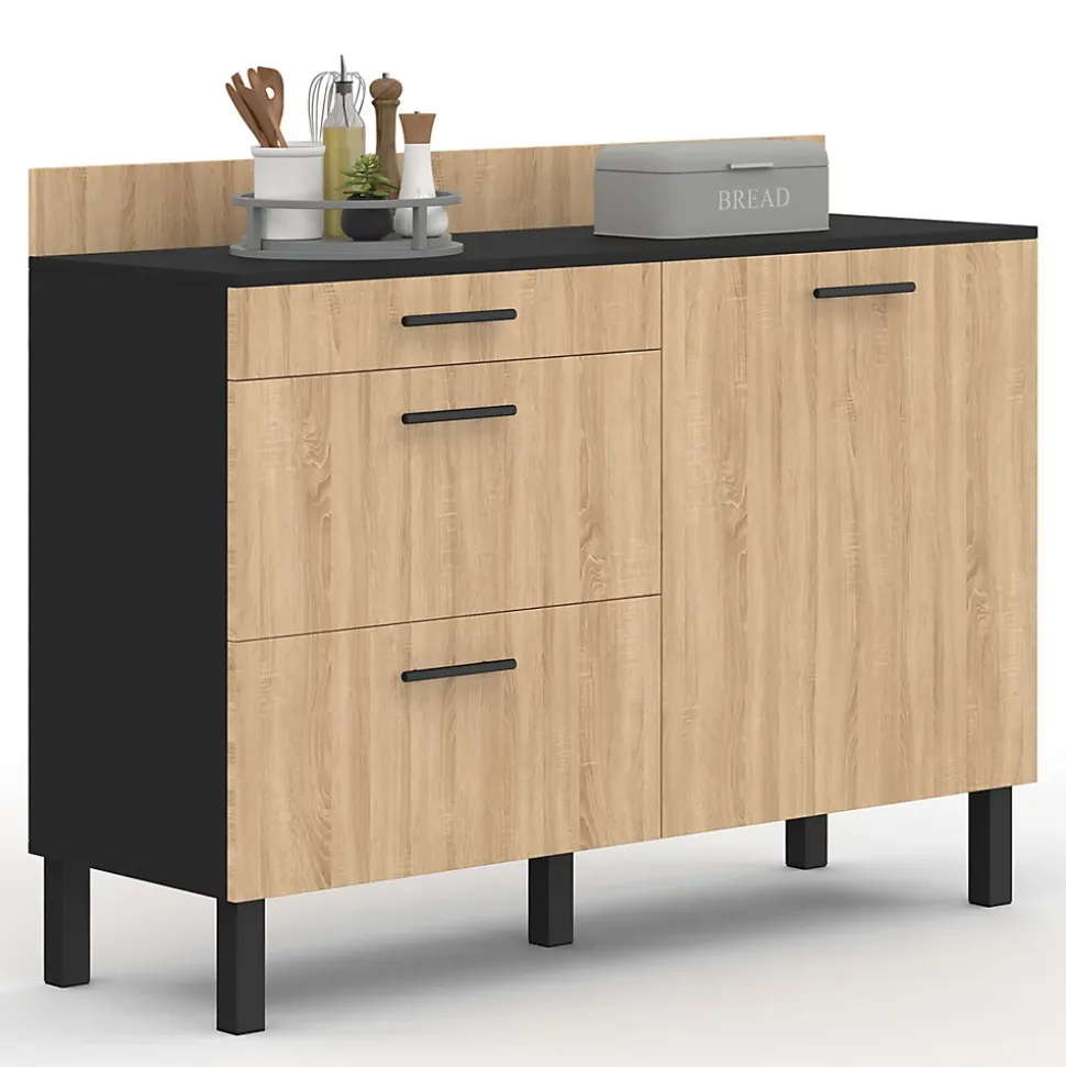 Buffet bas casserolier de cuisine 120 cm CINA plan de travail H.83 cm 1 porte + 3 tiroirs noir et façon hêtre