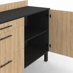 Buffet bas casserolier de cuisine 120 cm CINA plan de travail H.83 cm 1 porte + 3 tiroirs noir et façon hêtre