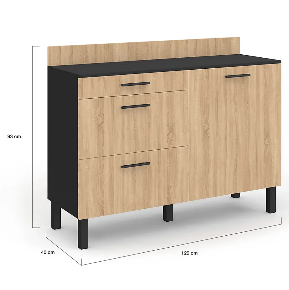 Buffet bas casserolier de cuisine 120 cm CINA plan de travail H.83 cm 1 porte + 3 tiroirs noir et façon hêtre