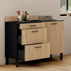 Buffet bas casserolier de cuisine 120 cm CINA plan de travail H.83 cm 1 porte + 3 tiroirs noir et façon hêtre
