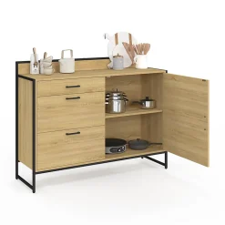 Buffet bas casserolier de cuisine 120 cm DETROIT plan de travail H.83 cm 1 porte + 3 tiroirs design industriel