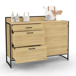 Buffet bas casserolier de cuisine 120 cm DETROIT plan de travail H.83 cm 1 porte + 3 tiroirs design industriel