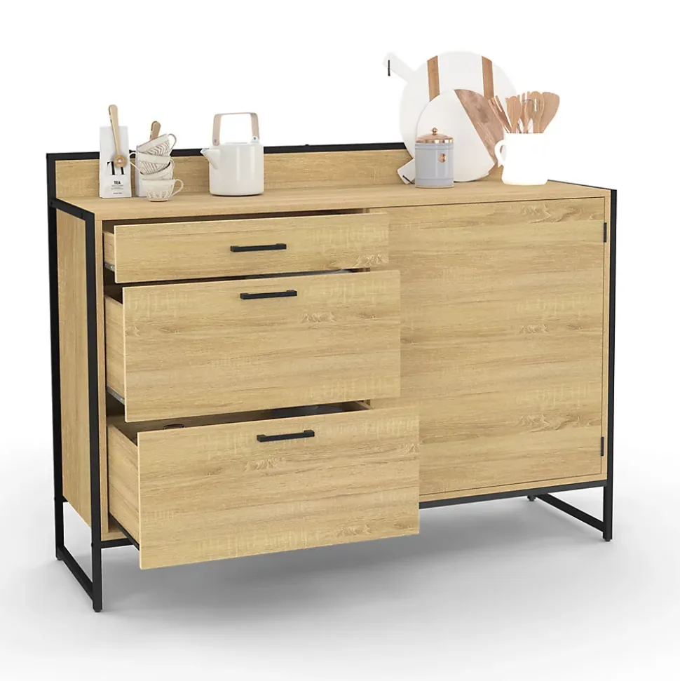 Buffet bas casserolier de cuisine 120 cm DETROIT plan de travail H.83 cm 1 porte + 3 tiroirs design industriel