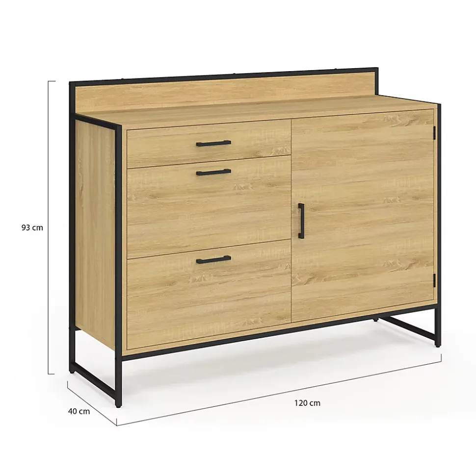 Buffet bas casserolier de cuisine 120 cm DETROIT plan de travail H.83 cm 1 porte + 3 tiroirs design industriel